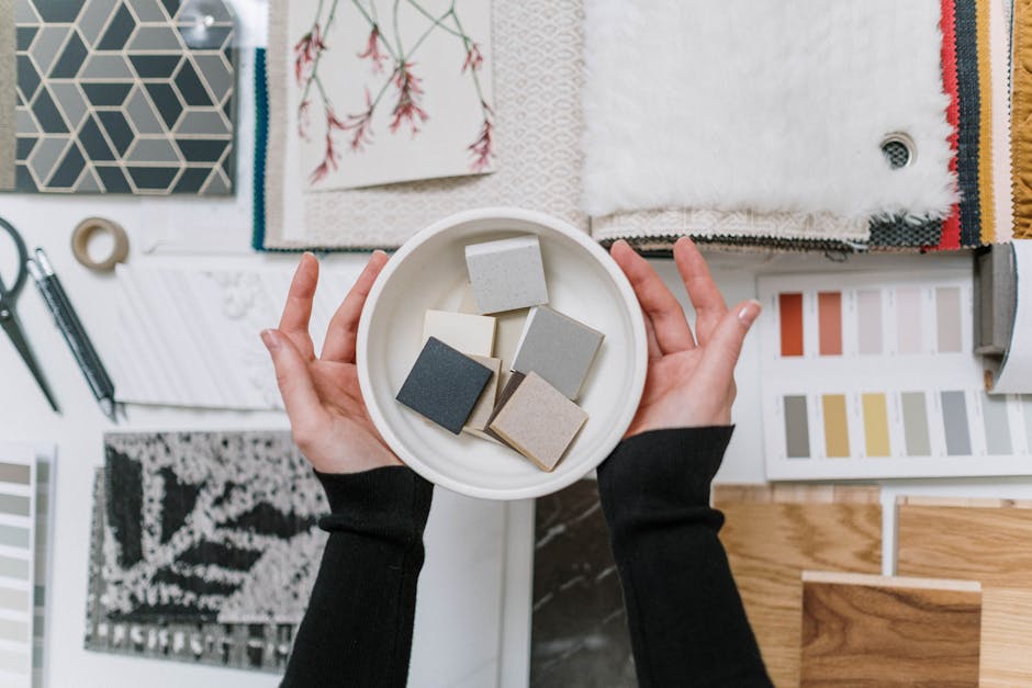Material samples displayed in a kitchen showroom